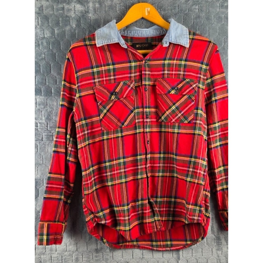 BeSpoke Flannel Button Up Shirt Women's Size Large Long Sleeve‎ Plaid Red Black